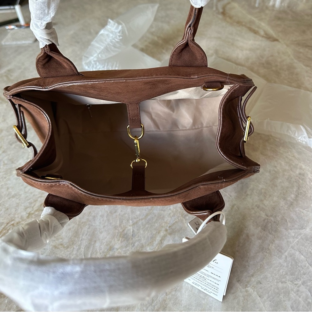 Brown Satchel PU Leather - Handled Tote - Cross Body Tote - Brown Suede Tote - Picture 12 of 12